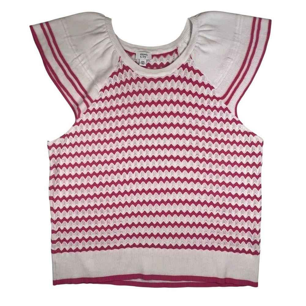 Crochet Knit Sweater Tank Pink White Chevron Cap Sleeve‎ XXL Coastal Preppy